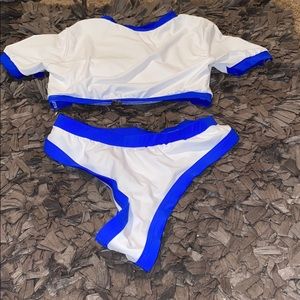 Blue and white bikini swimsuit